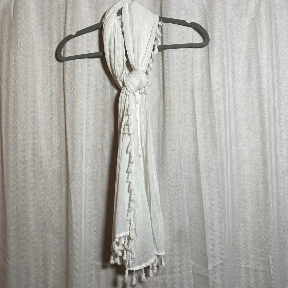 Sheer Boho Scarf Sarong White Crinkle‎ Gauze with Tassel Trim Wrap Beach SHEIN